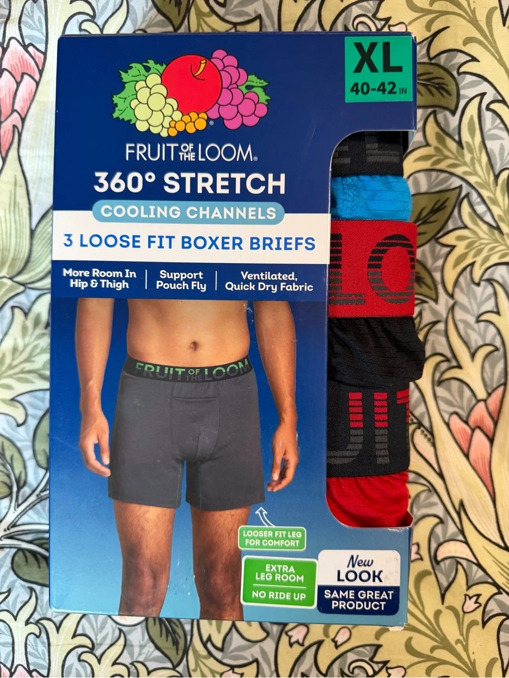 Fruit of the Loom 3-Pack Men’s Loose Fit Boxer Briefs – Black, Red, Blue (XL)